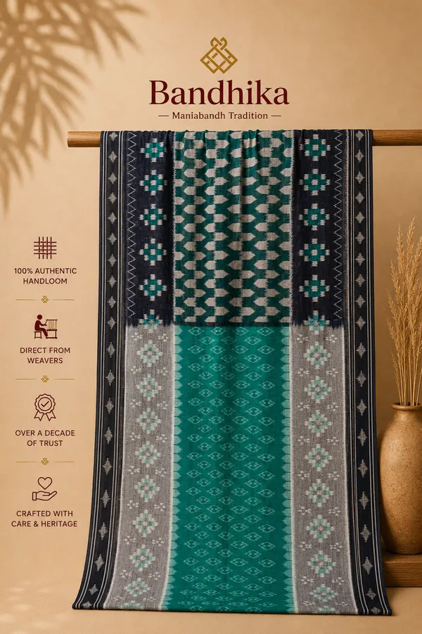 Bandhika_Maniabandha_Ikat_Pure_Cotton_Saree_–_Charcoal_Black_&_Teal_Green_Traditional_Handloom_Design