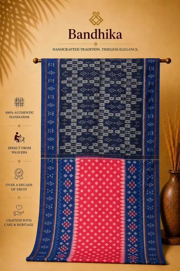 Bandhika_Maniabandha_Ikat_Pure_Cotton_Saree_–_Navy_Blue_&_Rani_Pink_Traditional_Handloom_Design