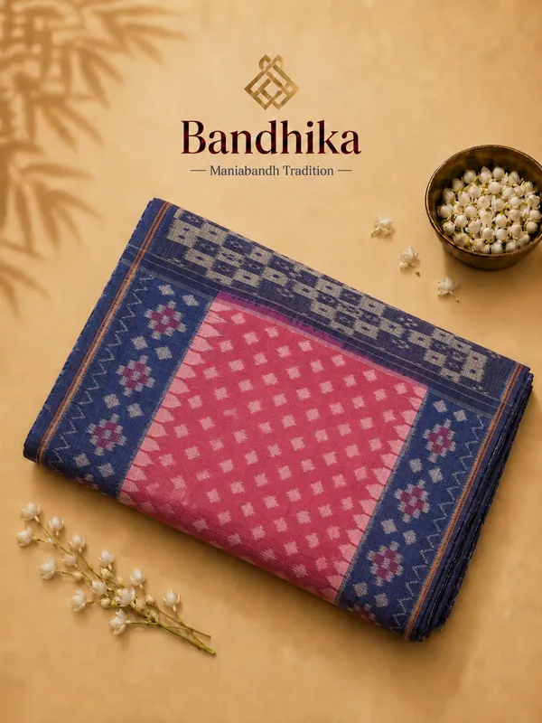 Bandhika_Maniabandha_Ikat_Pure_Cotton_Saree_–_Navy_Blue_&_Rani_Pink_Traditional_Handloom_Design