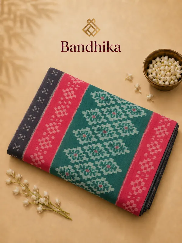 Bandhika_Handwoven_Maniabandha_Ikat_Pure_Cotton_Saree_–_Black,_Emerald_Green_&_Crimson_Red
