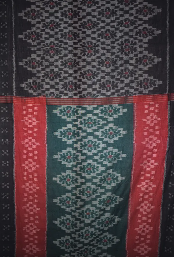 Bandhika_Handwoven_Maniabandha_Ikat_Pure_Cotton_Saree_–_Black,_Emerald_Green_&_Crimson_Red