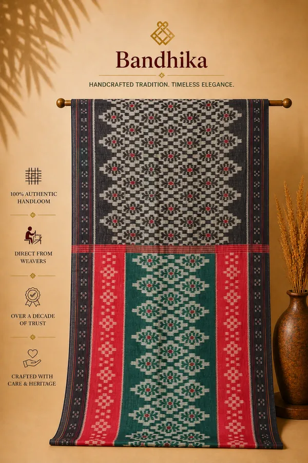 Bandhika_Handwoven_Maniabandha_Ikat_Pure_Cotton_Saree_–_Black,_Emerald_Green_&_Crimson_Red