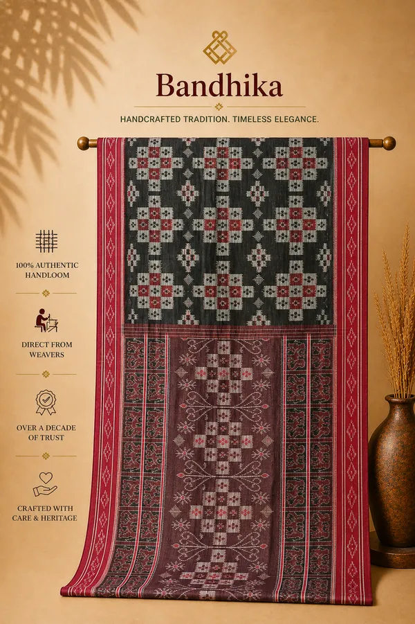 Bandhika_Maniabandha_Ikat_Pure_Cotton_Saree_–_Black,_Maroon_&_Red_Traditional_Design
