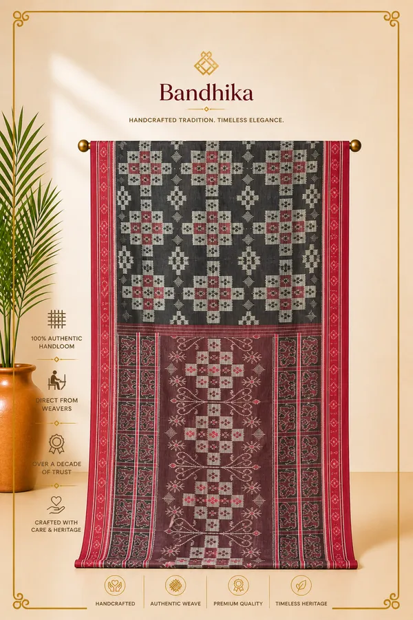 Bandhika_Maniabandha_Ikat_Pure_Cotton_Saree_–_Black,_Maroon_&_Red_Traditional_Design