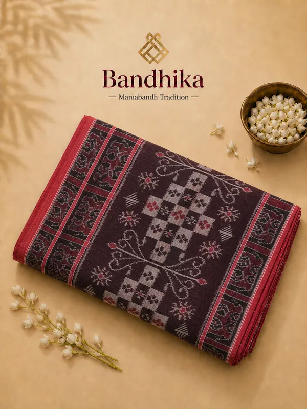 Bandhika_Maniabandha_Ikat_Pure_Cotton_Saree_–_Black,_Maroon_&_Red_Traditional_Design