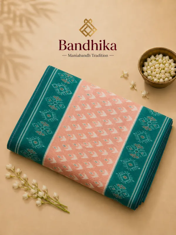 Bandhika_Maniabandha_Pure_Cotton_Saree_–_Teal_Green_&_Peach_Traditional_Design