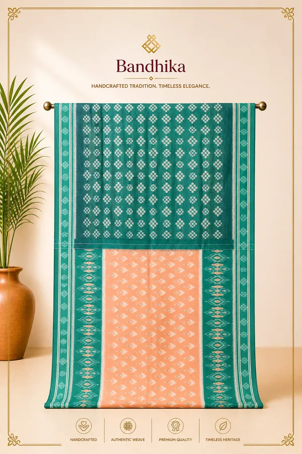 Bandhika_Maniabandha_Pure_Cotton_Saree_–_Teal_Green_&_Peach_Traditional_Design