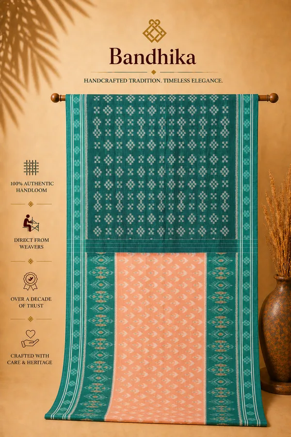 Bandhika_Maniabandha_Pure_Cotton_Saree_–_Teal_Green_&_Peach_Traditional_Design