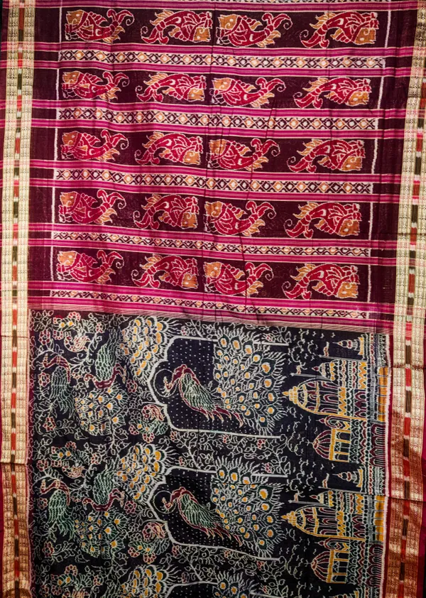 Bandhika_Heritage_Premium_Collection_Pure_Cotton_Maniabandha_Ikat_Handloom_Saree_|_Temple_&_Peacock_Motif_Artisan_Masterpiece