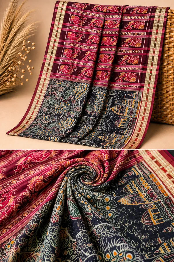 Bandhika_Heritage_Premium_Collection_Pure_Cotton_Maniabandha_Ikat_Handloom_Saree_|_Temple_&_Peacock_Motif_Artisan_Masterpiece