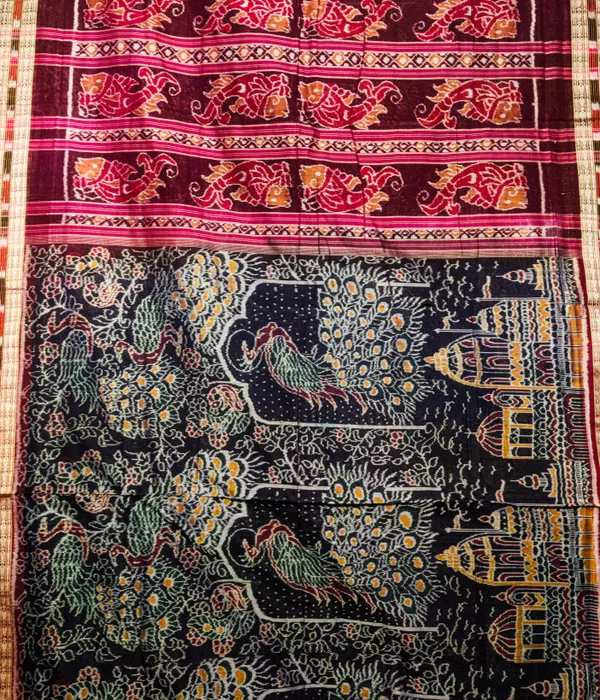 Bandhika_Heritage_Premium_Collection_Pure_Cotton_Maniabandha_Ikat_Handloom_Saree_|_Temple_&_Peacock_Motif_Artisan_Masterpiece