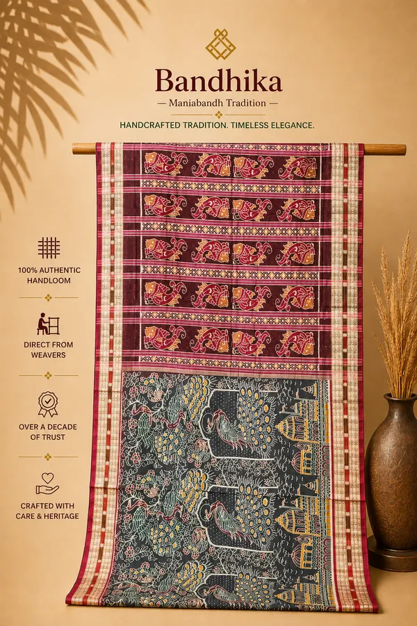 Bandhika_Heritage_Premium_Collection_Pure_Cotton_Maniabandha_Ikat_Handloom_Saree_|_Temple_&_Peacock_Motif_Artisan_Masterpiece