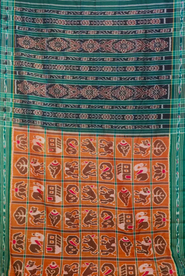Bandhika_Pure_Cotton_Maniabandha_Ikat_Handloom_Saree_for_Women_|_Teal_Green_&_Rust_Brown_Traditional_Saree