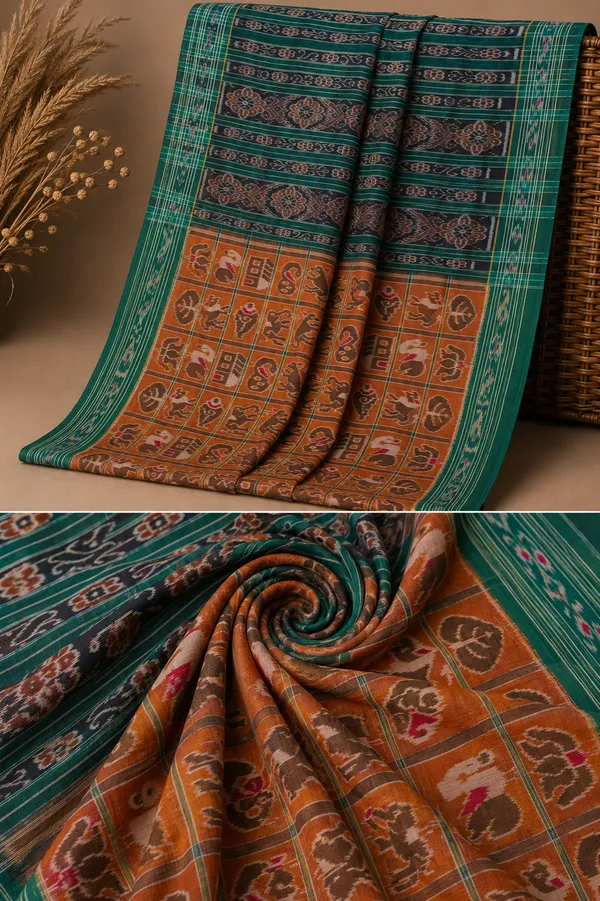 Bandhika_Pure_Cotton_Maniabandha_Ikat_Handloom_Saree_for_Women_|_Teal_Green_&_Rust_Brown_Traditional_Saree