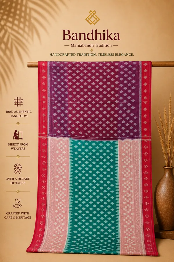 Bandhika_Pure_Cotton_Wine_&_Teal_Green_Pure_Cotton_Handloom_Ikat_Saree