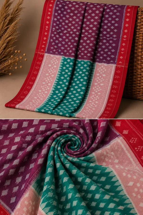 Bandhika_Pure_Cotton_Wine_&_Teal_Green_Pure_Cotton_Handloom_Ikat_Saree