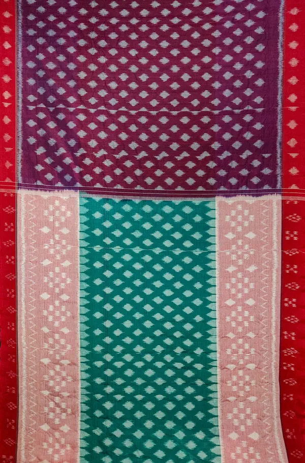Bandhika_Pure_Cotton_Wine_&_Teal_Green_Pure_Cotton_Handloom_Ikat_Saree