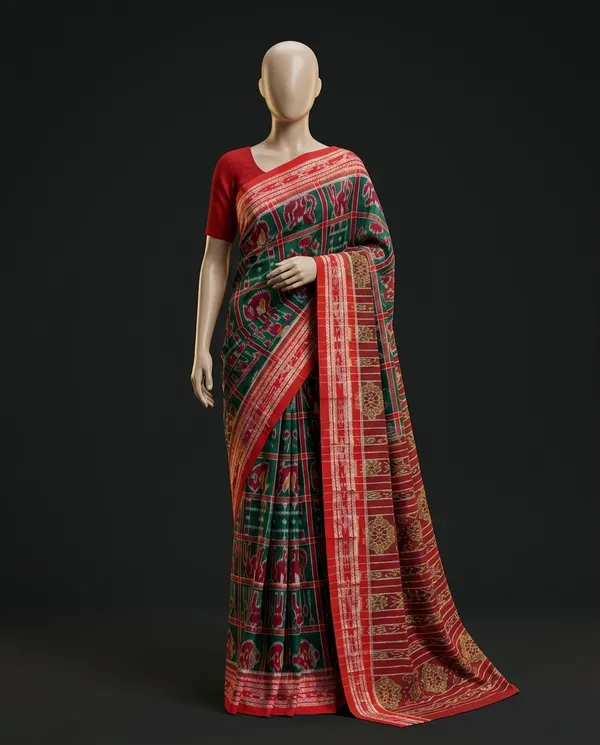 Bandhika_Maniabandha_Ikat_Pure_Cotton_Saree_Rani_Pink_Emerald_Green_Traditional_Handloom