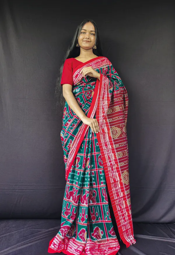 Bandhika_Maniabandha_Ikat_Pure_Cotton_Saree_Rani_Pink_Emerald_Green_Traditional_Handloom