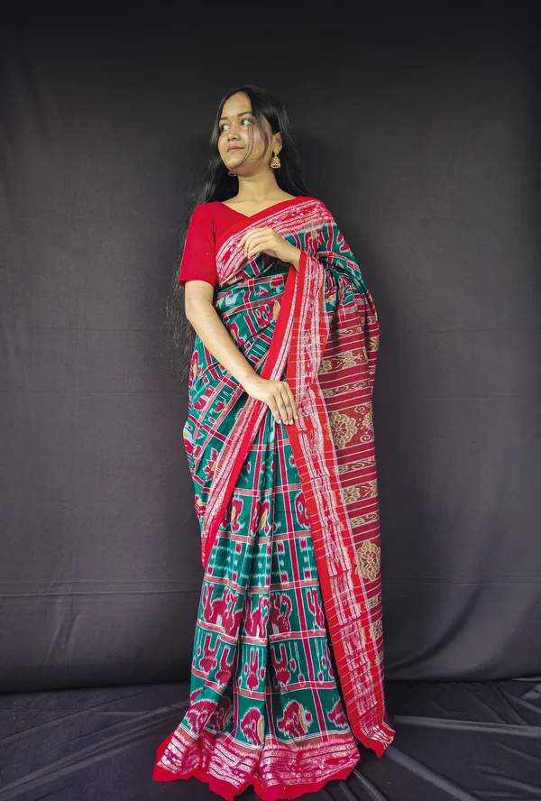 Bandhika_Maniabandha_Ikat_Pure_Cotton_Saree_Rani_Pink_Emerald_Green_Traditional_Handloom