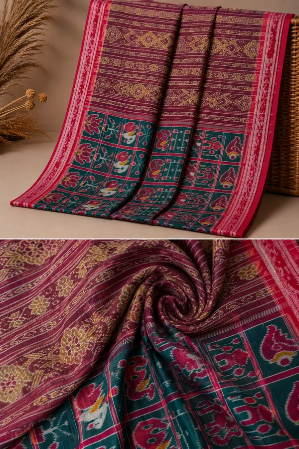 Bandhika_Maniabandha_Ikat_Pure_Cotton_Saree_Rani_Pink_Emerald_Green_Traditional_Handloom