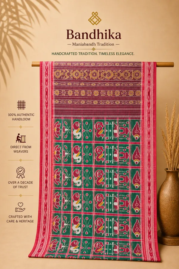 Bandhika_Maniabandha_Ikat_Pure_Cotton_Saree_Rani_Pink_Emerald_Green_Traditional_Handloom