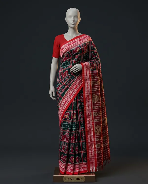Bandhika_Maniabandha_Ikat_Pure_Cotton_Saree_Rani_Pink_Emerald_Green_Traditional_Handloom