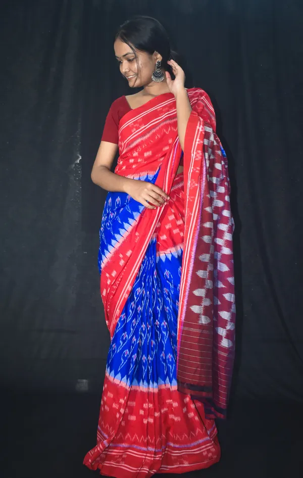 Bandhika_Maniabandha_Ikat_Pure_Cotton_Saree_Black_Blue_Red_Traditional_Motif