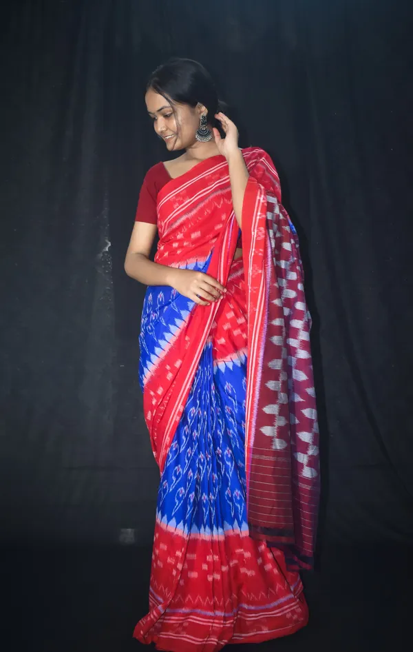 Bandhika_Maniabandha_Ikat_Pure_Cotton_Saree_Black_Blue_Red_Traditional_Motif