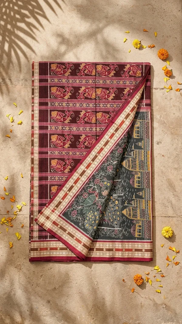 Bandhika_Heritage_Premium_Collection_Pure_Cotton_Maniabandha_Ikat_Handloom_Saree_|_Temple_&_Peacock_Motif_Artisan_Masterpiece