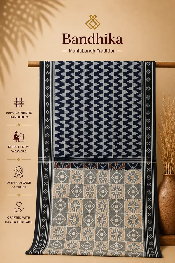 Bandhika_Maniabandha__Pure_Cotton_Saree_–_Grey,_Navy_Blue_&_Black_Floral_Design