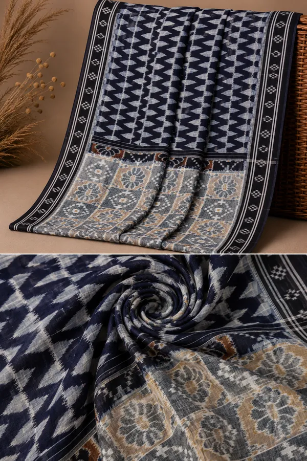 Bandhika_Maniabandha__Pure_Cotton_Saree_–_Grey,_Navy_Blue_&_Black_Floral_Design