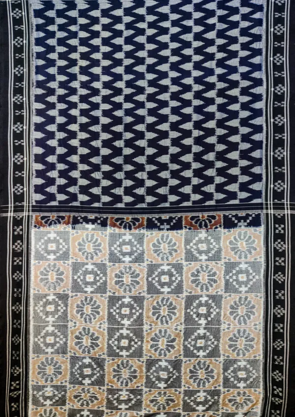 Bandhika_Maniabandha__Pure_Cotton_Saree_–_Grey,_Navy_Blue_&_Black_Floral_Design