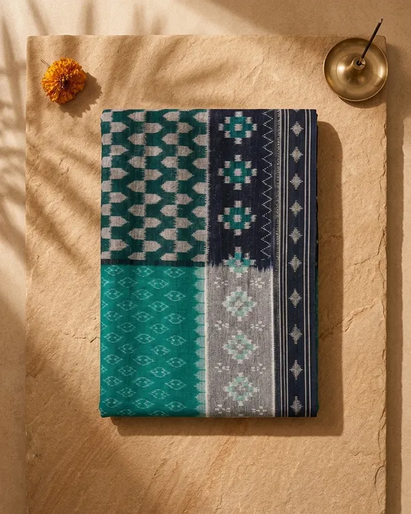 Bandhika_Maniabandha_Ikat_Pure_Cotton_Saree_–_Charcoal_Black_&_Teal_Green_Traditional_Handloom_Design