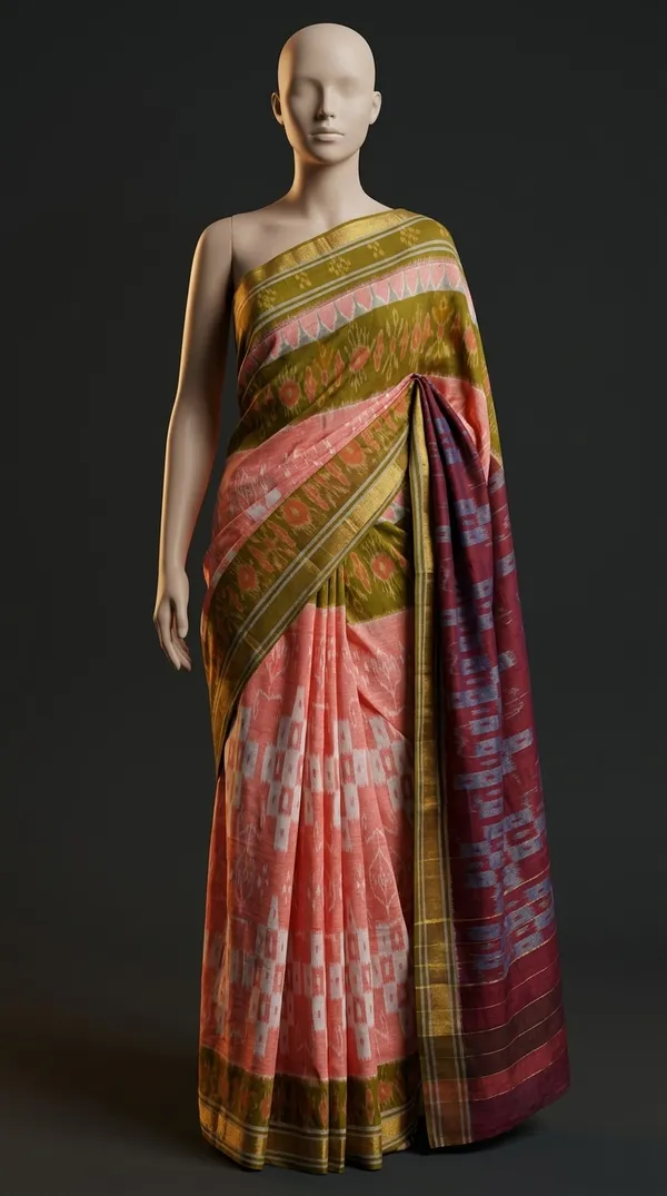 Bandhika_Maniabandha_Ikat_Pure_Cotton_Saree_–_Peach,_Olive_Green_&_White