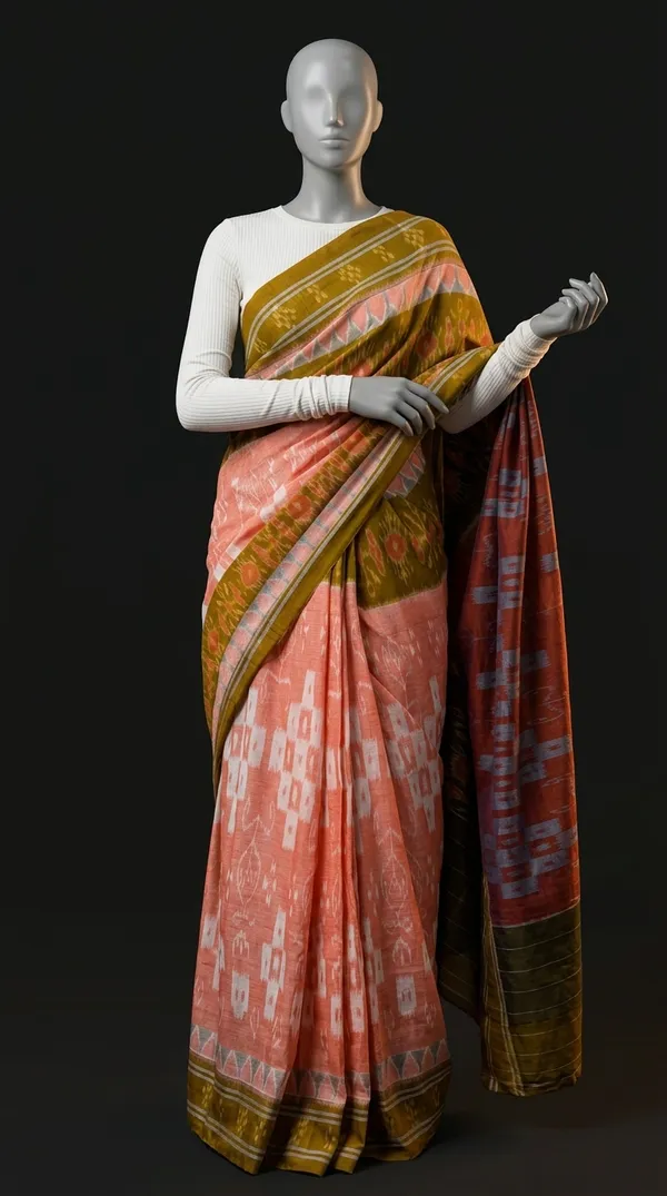 Bandhika_Maniabandha_Ikat_Pure_Cotton_Saree_–_Peach,_Olive_Green_&_White