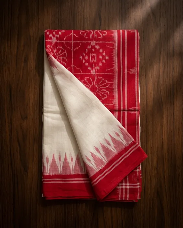 Bandhika_Maniabandha_Ikat_Pure_Cotton_Saree_–_Crimson_Red_&_Ivory_White_Traditional_Handloom_Saree