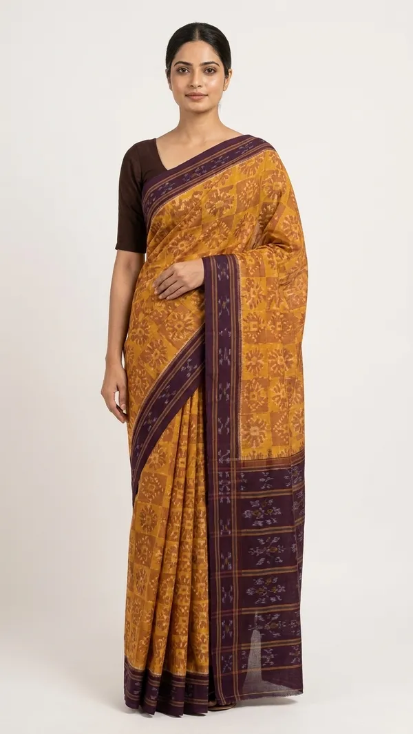 Bandhika_Mustard_Maroon_Maniabandh_Handloom_Saree