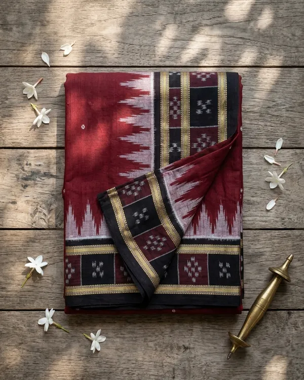 Bandhika_Premium_Handloom_Maniabandha_Ikat_Saree_–_Deep_Maroon_with_Black_&_Gold_Border