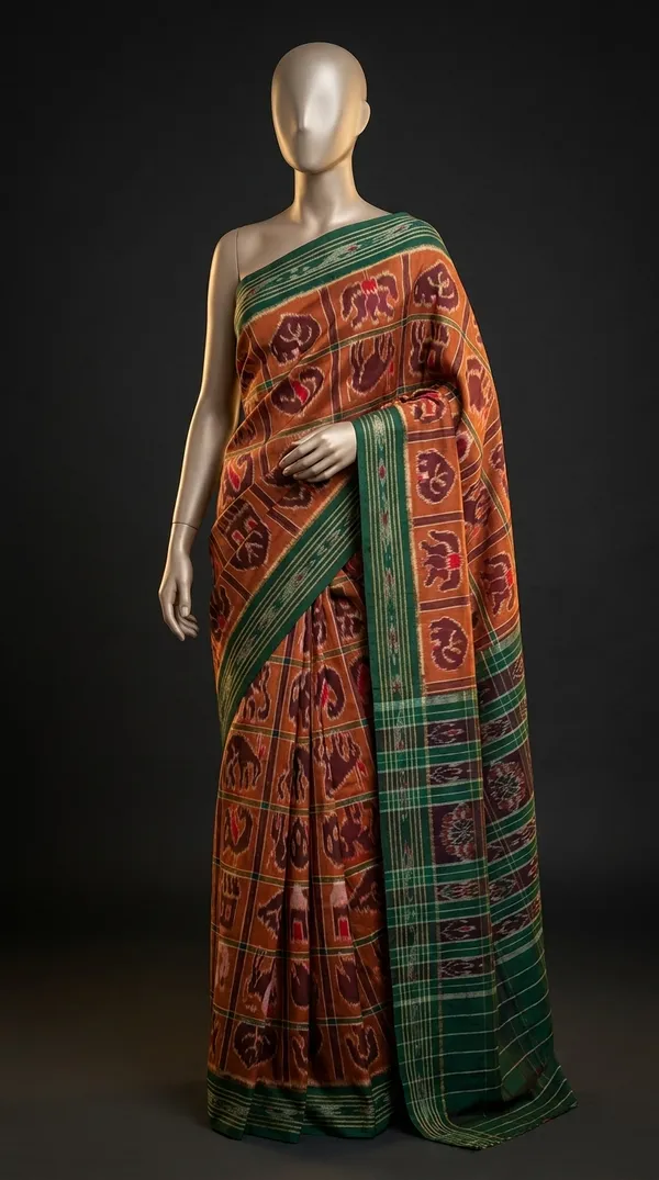 Bandhika_Pure_Cotton_Maniabandha_Ikat_Handloom_Saree_for_Women_|_Teal_Green_&_Rust_Brown_Traditional_Saree