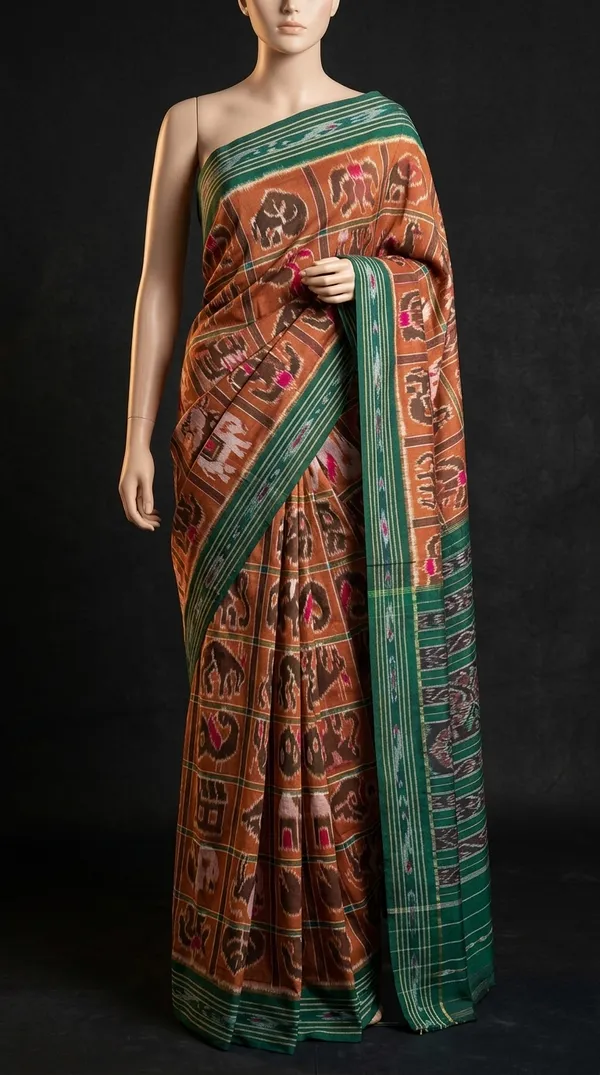 Bandhika_Pure_Cotton_Maniabandha_Ikat_Handloom_Saree_for_Women_|_Teal_Green_&_Rust_Brown_Traditional_Saree