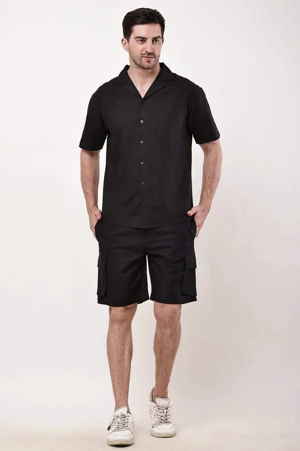 Black_Premium_Linen_Short_Sleeve_Shirt_And_Cargo_Shorts_Set_For_Men