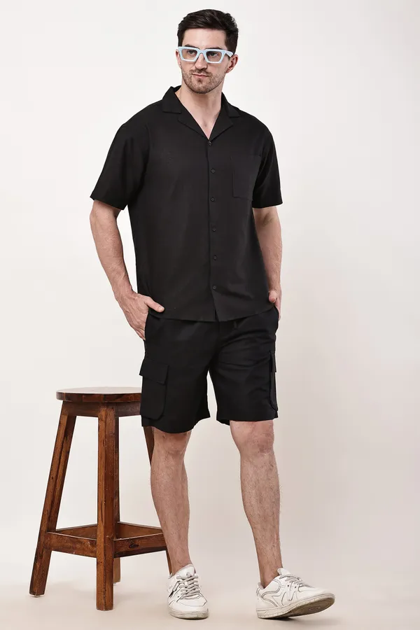 Black_Premium_Linen_Short_Sleeve_Shirt_And_Cargo_Shorts_Set_For_Men