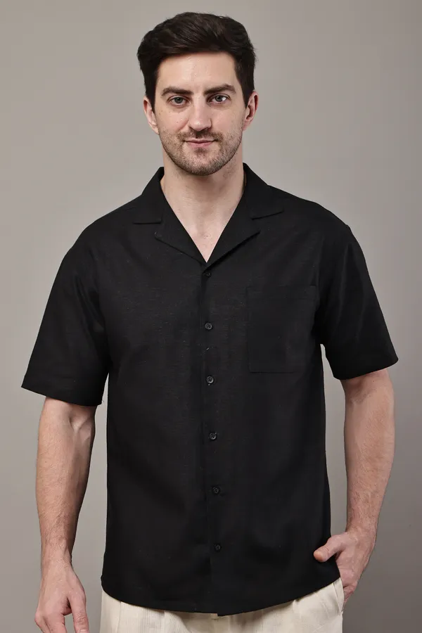 Black_Premium_Linen_Short_Sleeve_Casual_Shirt_For_Men