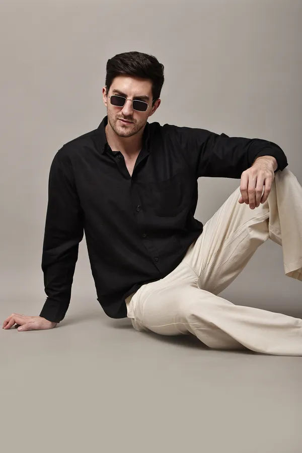 Black_Premium_Linen_Button-Down_Collar_Shirt_For_Men