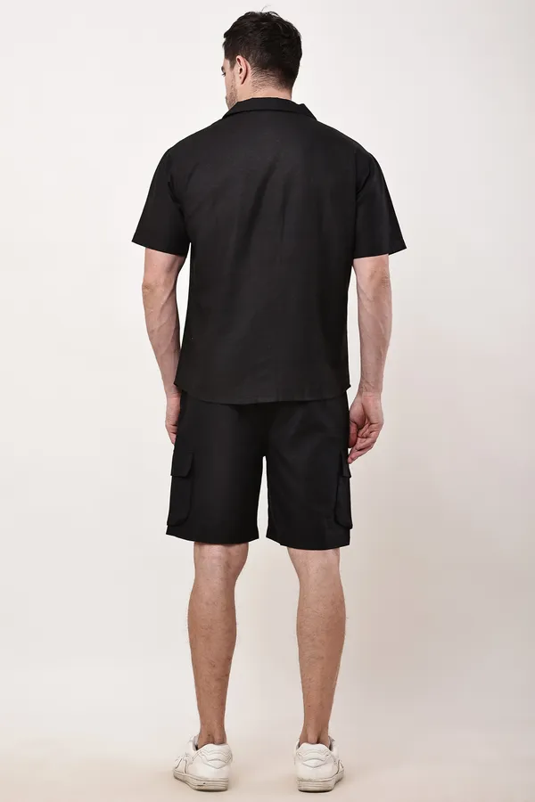 Black_Premium_Linen_Short_Sleeve_Shirt_And_Cargo_Shorts_Set_For_Men