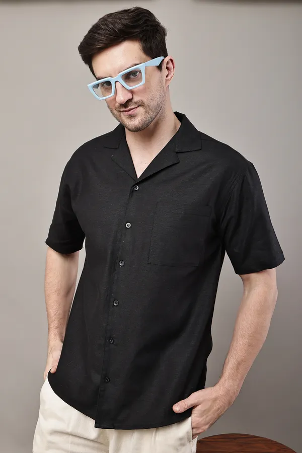 Black_Premium_Linen_Short_Sleeve_Casual_Shirt_For_Men