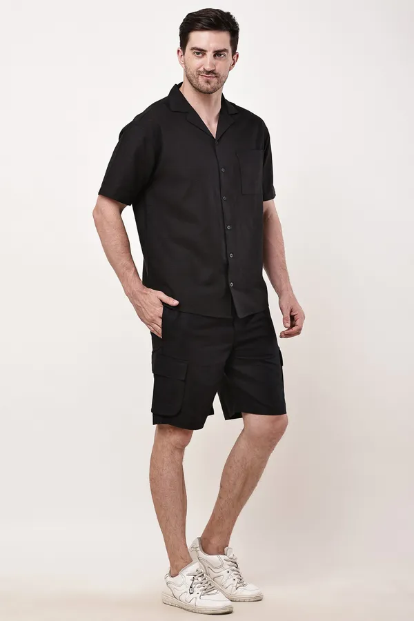 Black_Premium_Linen_Short_Sleeve_Shirt_And_Cargo_Shorts_Set_For_Men