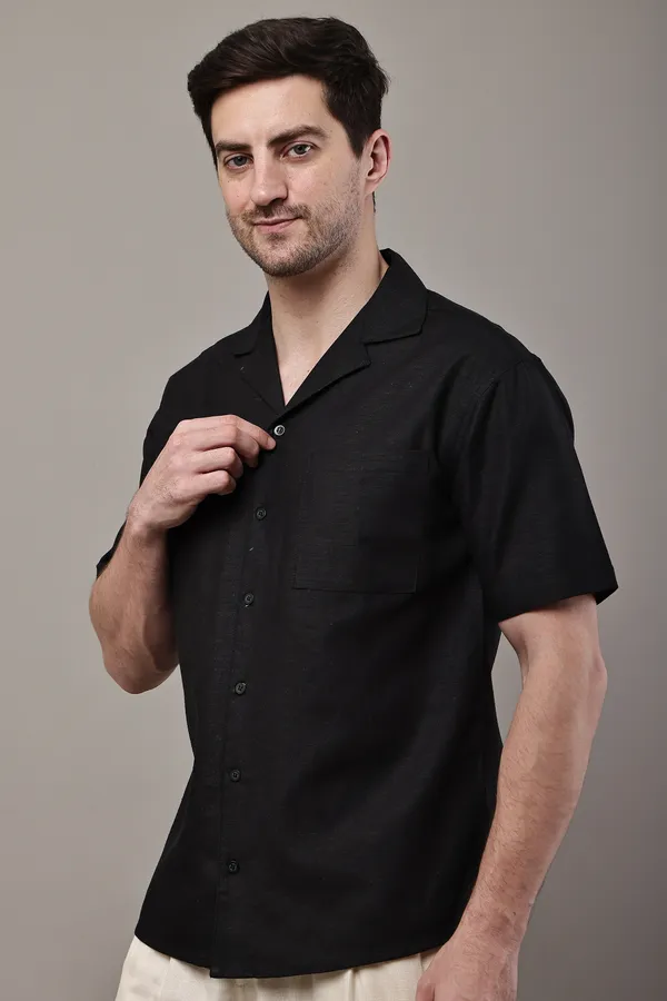 Black_Premium_Linen_Short_Sleeve_Casual_Shirt_For_Men