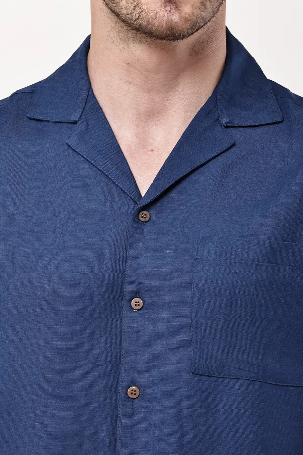 Navy_Blue_Premium_Linen_Short_Sleeve_Shirt_And_Cargo_Shorts_Set_For_Men